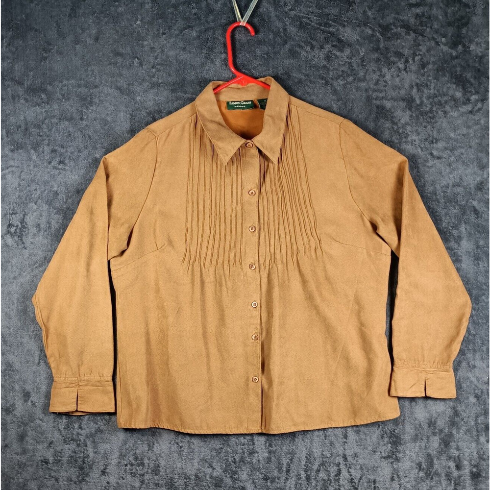 Western‎ Button Blouse Pintuck Women XL Brown Faux Suede Pintuck Lemon Grass